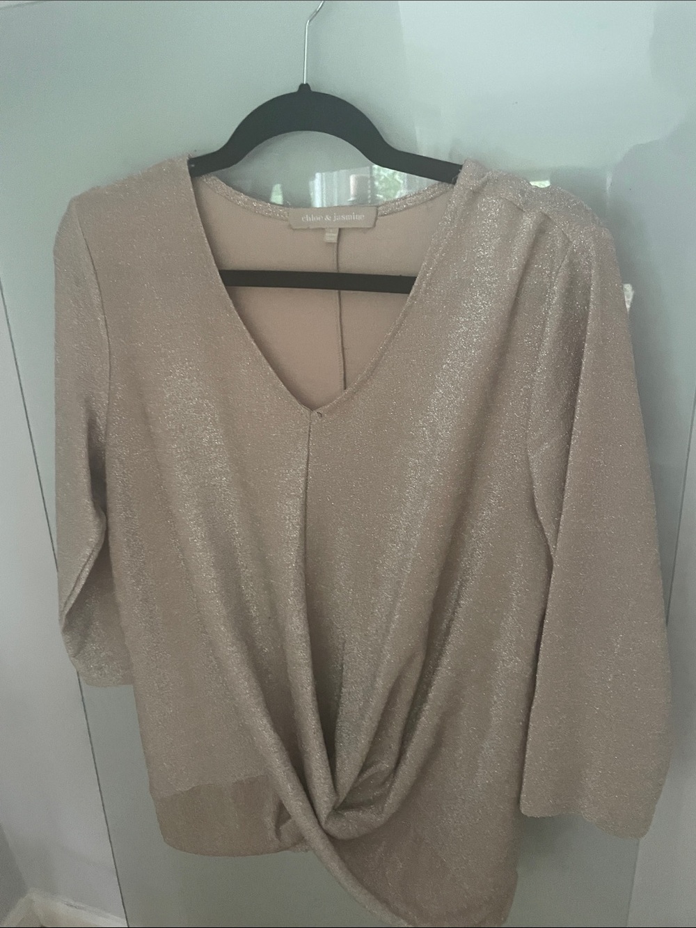 Chloe Sparkle Twist-Front V-Neck Blouse — Blush